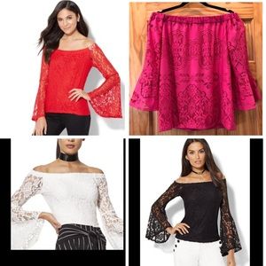 Lace Off the Shoulder Bell Sleeve Pink Blouse